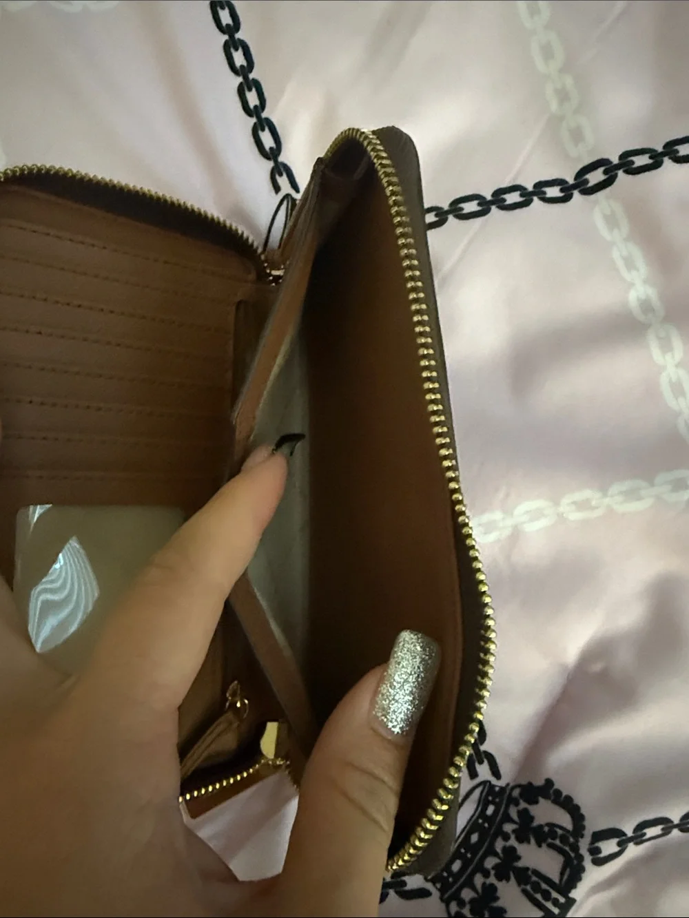 Michael Kors Brown Monogram Zip-Around Card Holder with Gold Logo